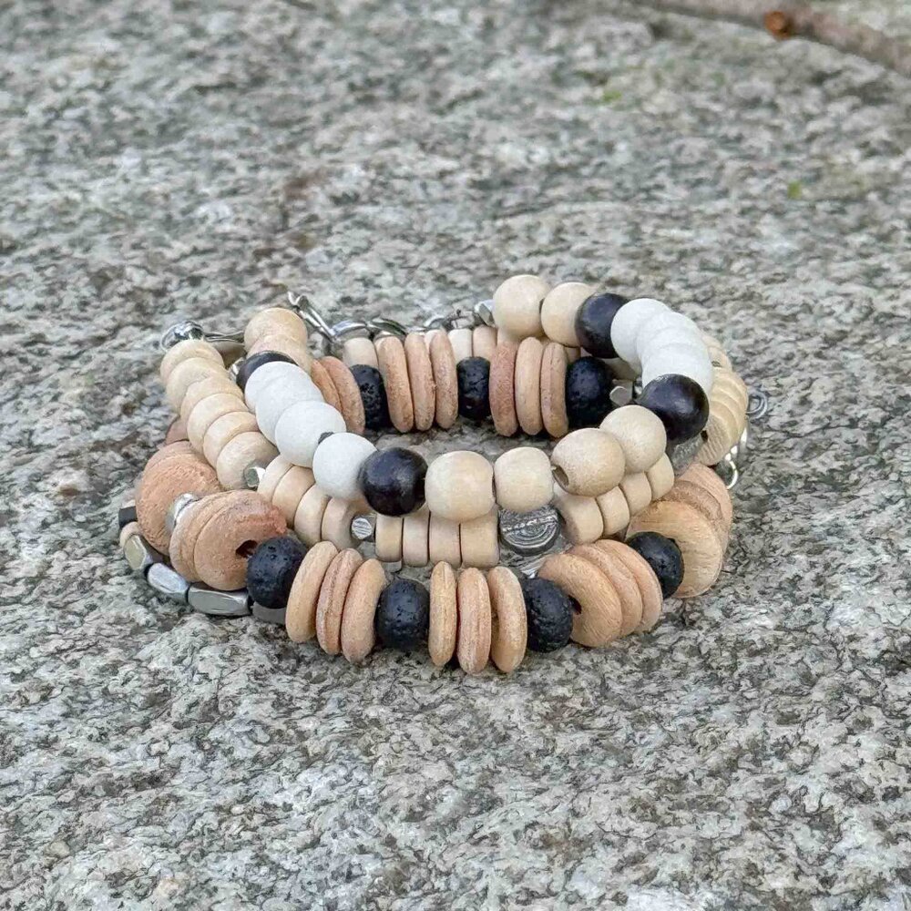 Handmade wood and metal unisex bracelet stack - Picture 3 of 10